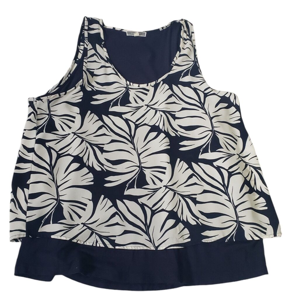 Pleione Top Womens Medium Tropical Floral Navy White Sleeveless Overlay Tank USA